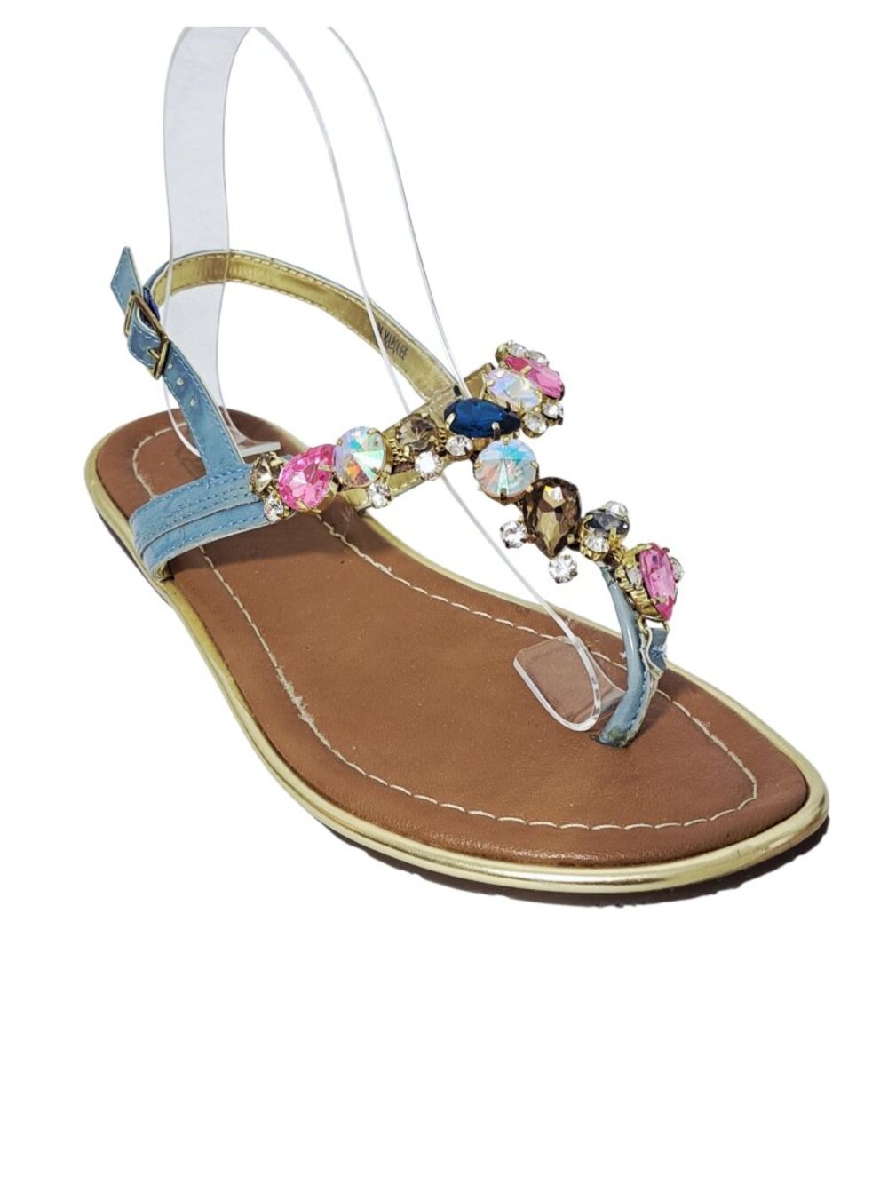Marquee Women T-Strap Flat Sandals Blue Leather Jewel Embellishments Travel Sz 7